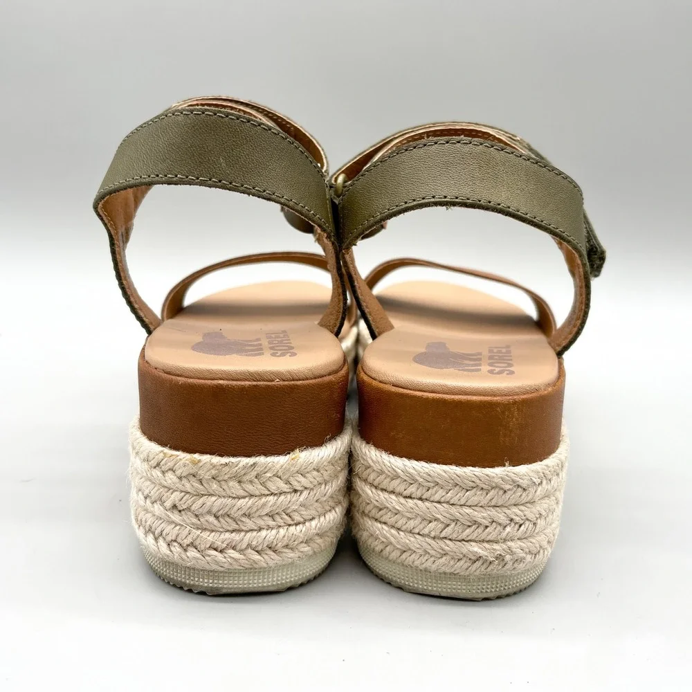 Sorel Womens 8.5 Cameron Flatform Espadrille Sandals Tan Sage Boho CoastalChic